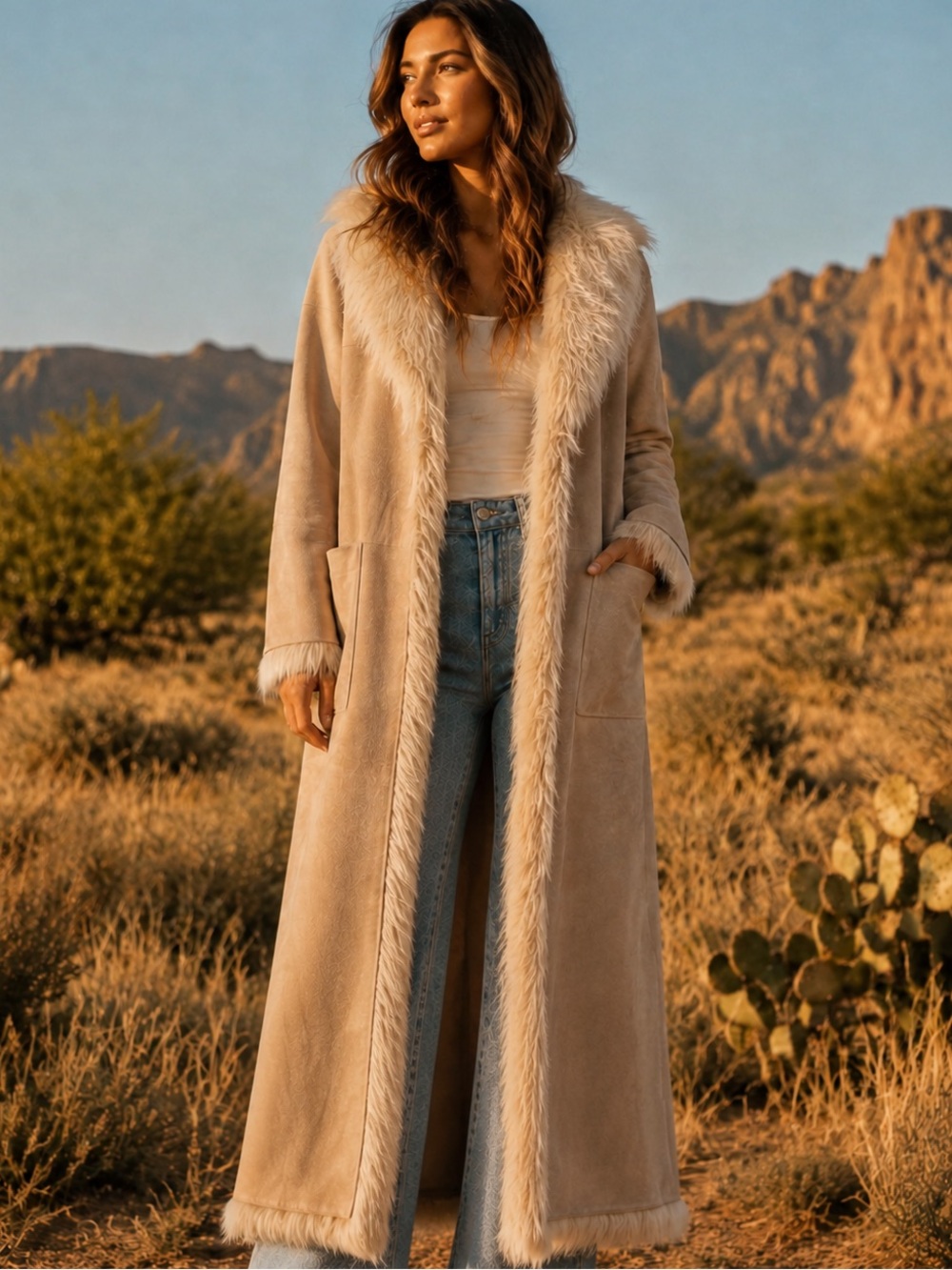 Genuine Leather Long Faux Fur Shearling Trim Penny Lane Coat